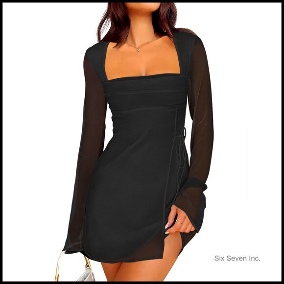 Dresses & Skirts - Mesh Ruched Mini Dress Long Sleeve Square Neck Tie Club Party Cocktail